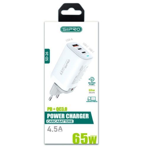Alternative view of Siipro Wall Charger 1x USB 2x USB Type-C 65W White (SD-26)