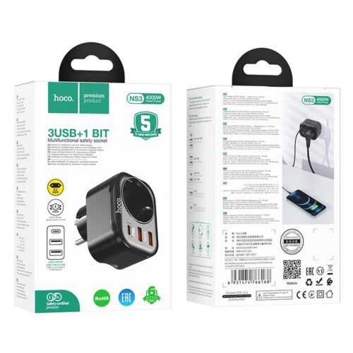 Φορτιστής HOCO USB-C PD & 2 x USB 5V/3A QC3.0 NS3 4000W Black ΑΞΕΣΟΥΑΡ Hoco Φορτιστής HOCO USB-C PD & 2 x USB 5V/3A QC3.0 NS3 4000W Black