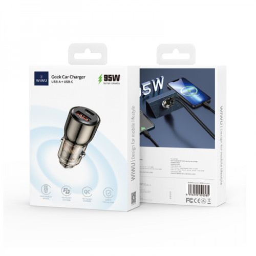Alternative view of WiWU Geek Car Charger 1x USB QC 1x USB-C 95W Black