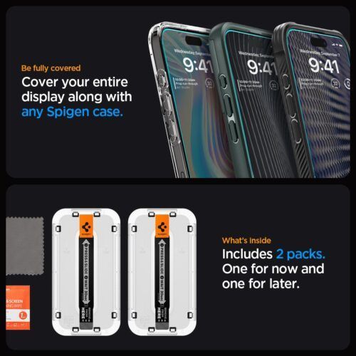 Alternative view of Spigen EZ Fit GLAS.tR Oleophobic Coated Tempered Glass iPhone 15 Pro (2-Pack)