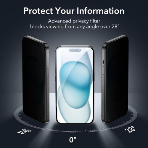 Alternative view of ESR Full Cover Privacy Tempered Glass iPhone 15 (With Easy Installation Kit)
