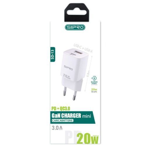 Alternative view of Siipro Wall Charger 1x USB 1x USB Type-C 20W GaN White (SD-13)