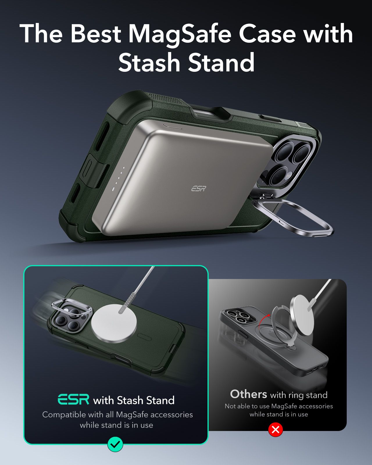 Θήκη ESR Cyber Tough with Stash Stand Magsafe Green iPhone 16 Pro Max ΘΗΚΕΣ ESR Θήκη ESR Cyber Tough with Stash Stand Magsafe Green iPhone 16 Pro Max - Image 5