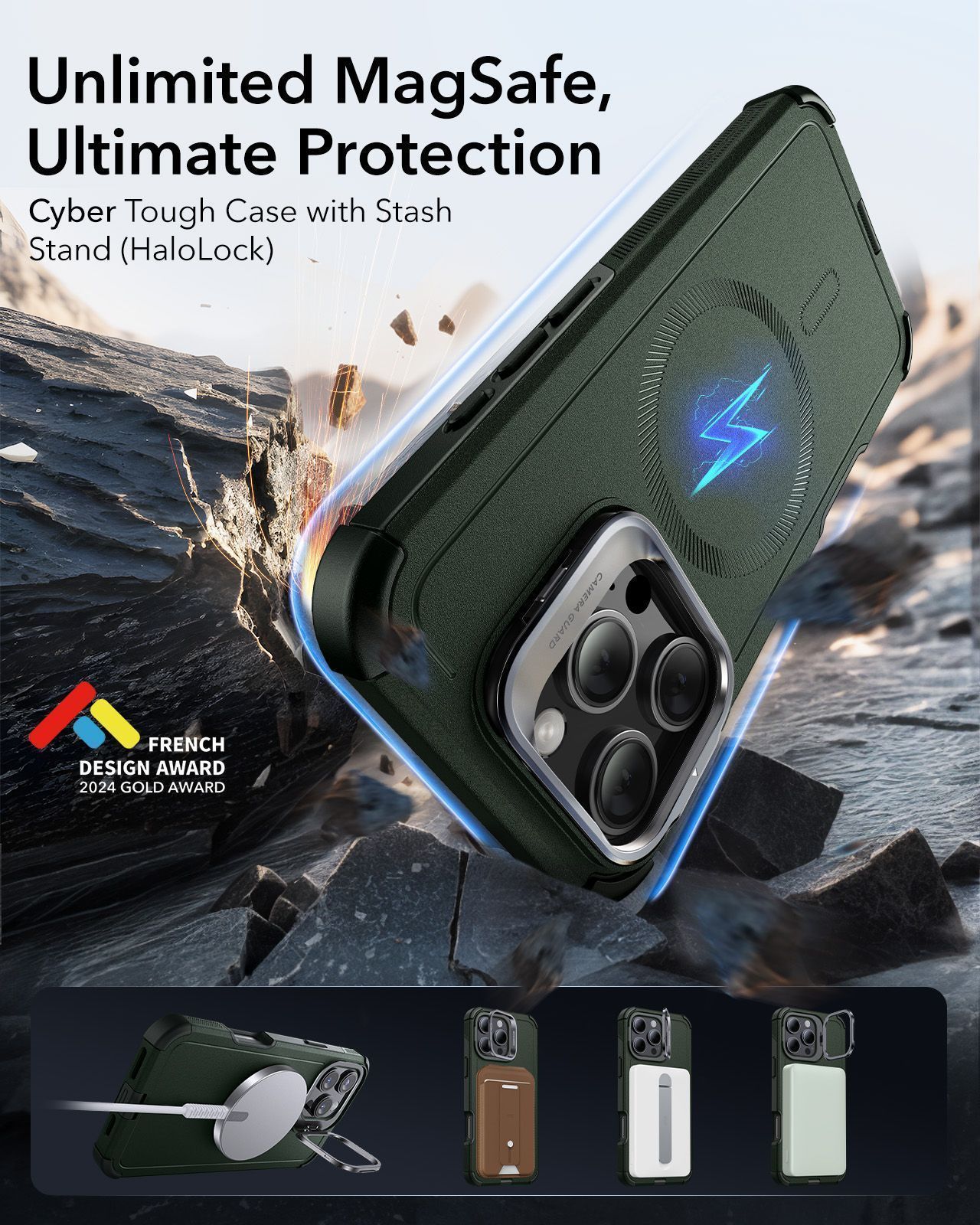 Θήκη ESR Cyber Tough with Stash Stand Magsafe Green iPhone 16 Pro Max ΘΗΚΕΣ ESR Θήκη ESR Cyber Tough with Stash Stand Magsafe Green iPhone 16 Pro Max - Image 2