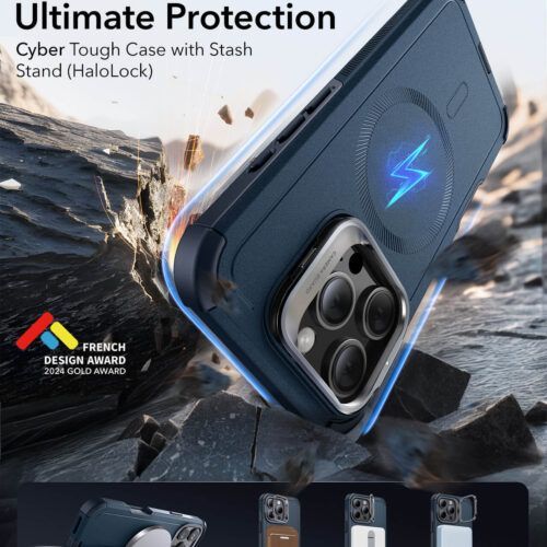 Alternative view of Θήκη ESR Cyber Tough with Stash Stand Magsafe Blue iPhone 16 Pro