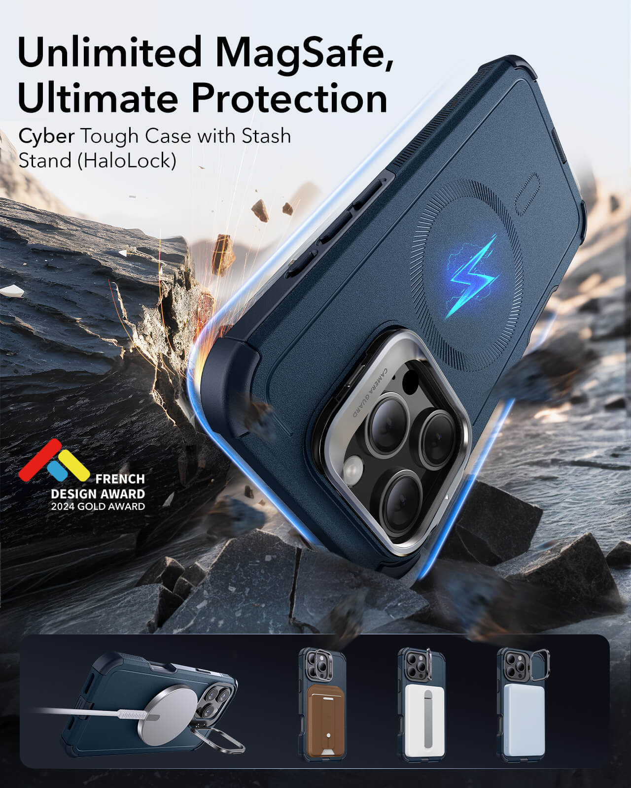 Θήκη ESR Cyber Tough with Stash Stand Magsafe Blue iPhone 16 Pro ΘΗΚΕΣ ESR Θήκη ESR Cyber Tough with Stash Stand Magsafe Blue iPhone 16 Pro - Image 2