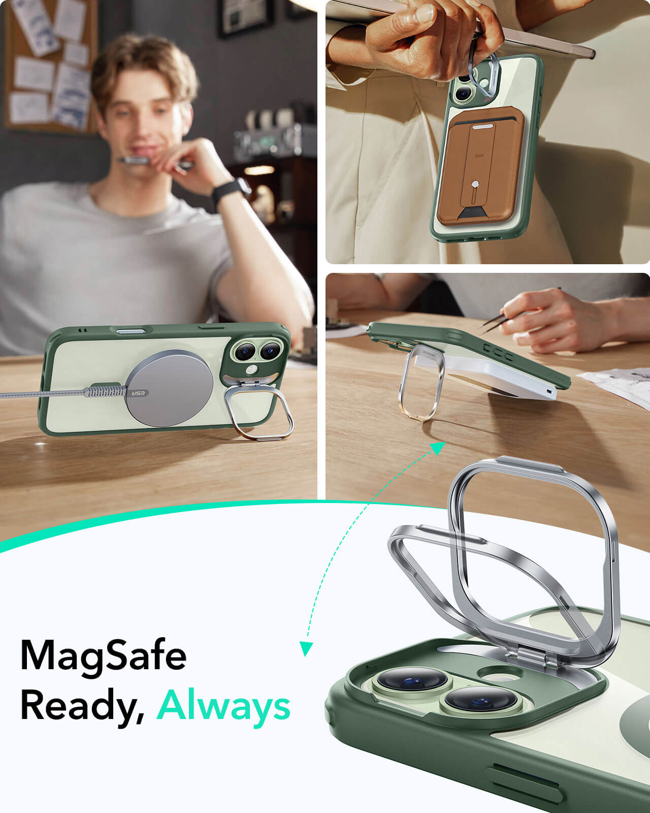 Θήκη ESR Classic Hybrid with Stash Stand HaloLock MagSafe Clear Green iPhone 16 ΘΗΚΕΣ ESR Θήκη ESR Classic Hybrid with Stash Stand HaloLock MagSafe Clear Green iPhone 16 - Image 2