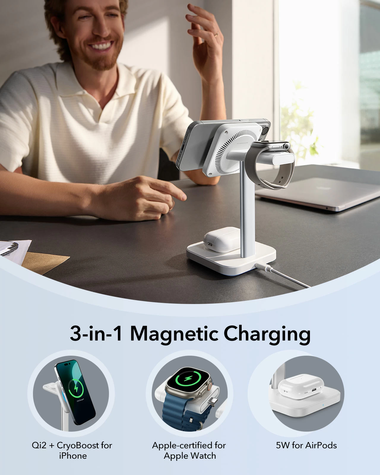 ESR Qi2 MagSafe 3-in-1 CryoΒoost Wireless Charging Station Black APPLE WATCH ESR ESR Qi2 MagSafe 3-in-1 CryoΒoost Wireless Charging Station Black - Image 4