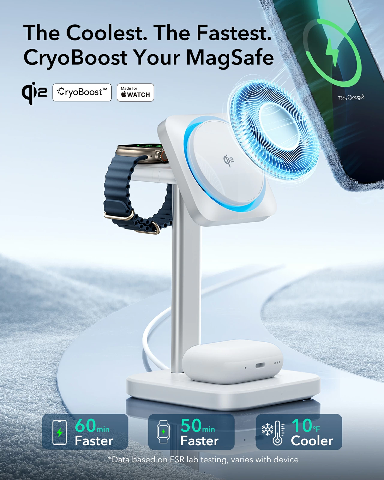 ESR Qi2 MagSafe 3-in-1 CryoΒoost Wireless Charging Station Black APPLE WATCH ESR ESR Qi2 MagSafe 3-in-1 CryoΒoost Wireless Charging Station Black - Image 3
