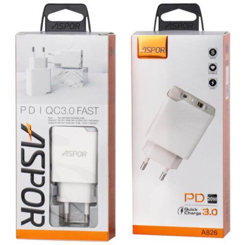 Alternative view of Aspor 1x USB-C 1x USB Charger 20W White (A826)