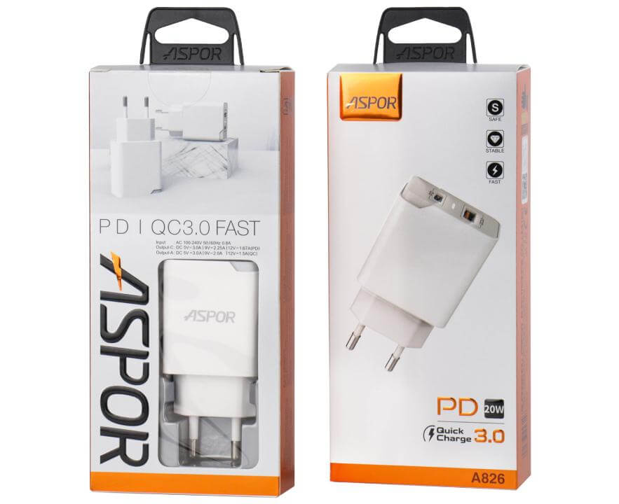 Aspor 1x USB-C 1x USB Charger 20W White (A826) ΑΞΕΣΟΥΑΡ ASPOR Aspor 1x USB-C 1x USB Charger 20W White (A826) - Image 2