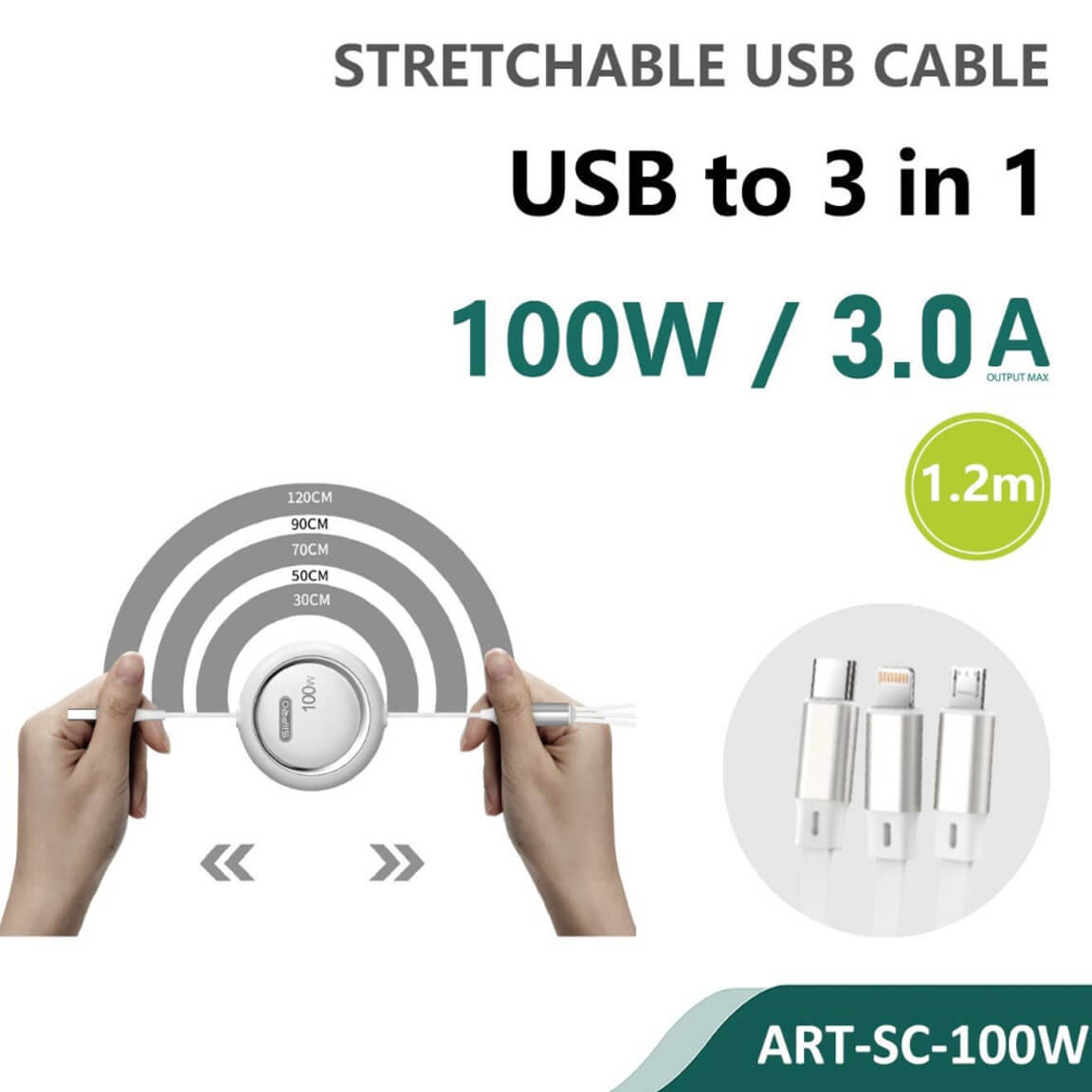 Siipro Stretchable 3in1 USB Cable 1.2M 100W White ANDROID SIIPRO Siipro Stretchable 3in1 USB Cable 1.2M 100W White