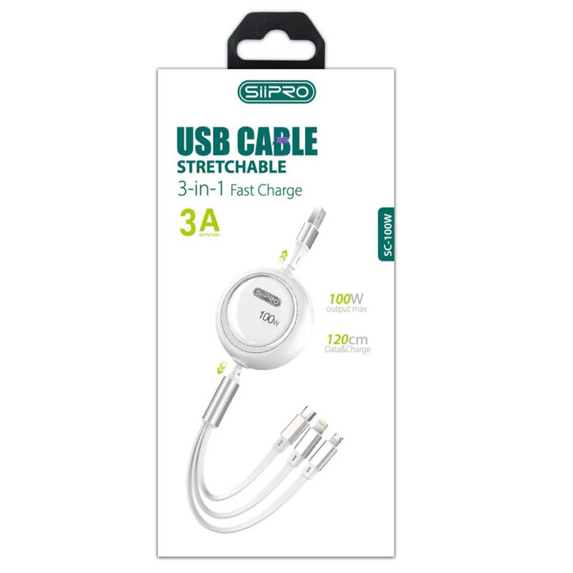 Siipro Stretchable 3in1 USB Cable 1.2M 100W White ANDROID SIIPRO Siipro Stretchable 3in1 USB Cable 1.2M 100W White - Image 2