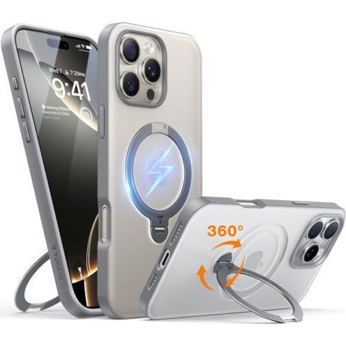 Θήκη Torras Ostand Spin MagSafe Kickstand Clear Grey iPhone 16 Pro Max ΘΗΚΕΣ TORRAS Θήκη Torras Ostand Spin MagSafe Kickstand Clear Grey iPhone 16 Pro Max