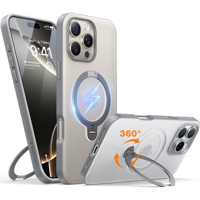 Θήκη Torras Ostand Spin MagSafe Kickstand Clear Grey iPhone 16 Pro Max ΘΗΚΕΣ TORRAS Θήκη Torras Ostand Spin MagSafe Kickstand Clear Grey iPhone 16 Pro Max