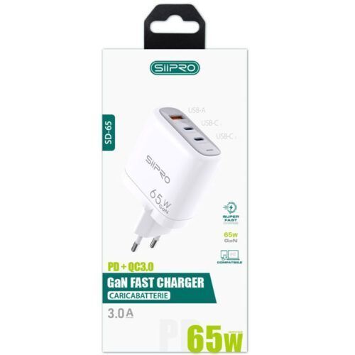 Alternative view of Siipro Wall Charger GaN 1x USB 2x USB Type-C 65W White (SD-65)