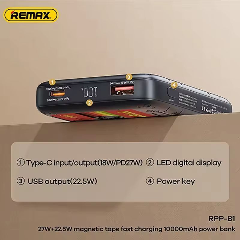 Remax PowerBank Tape Design 1xUSB-C 1xUSB 10000mAh Black (RPP-B1) POWER BANKS Remax Remax PowerBank Tape Design 1xUSB-C 1xUSB 10000mAh Black (RPP-B1) - Image 3