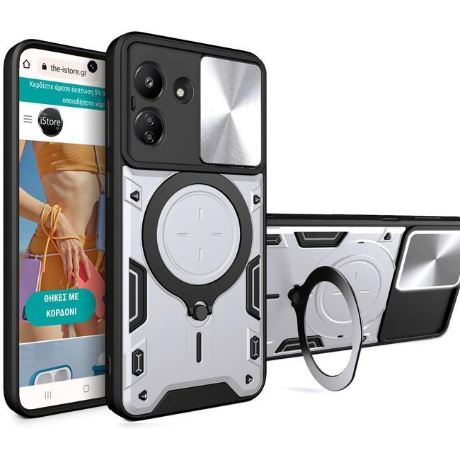 Θήκη Shockproof Ringstand Slide Camera Silver Xiaomi Redmi 13C 4G ΘΗΚΕΣ Orso Θήκη Shockproof Ringstand Slide Camera Silver Xiaomi Redmi 13C 4G