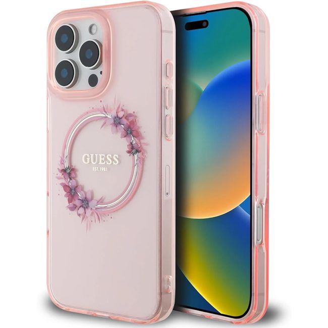 Θήκη Guess Flowers Wreath Clear Pink Magsafe iPhone 16 Pro Max ΘΗΚΕΣ Guess Θήκη Guess Flowers Wreath Clear Pink Magsafe iPhone 16 Pro Max