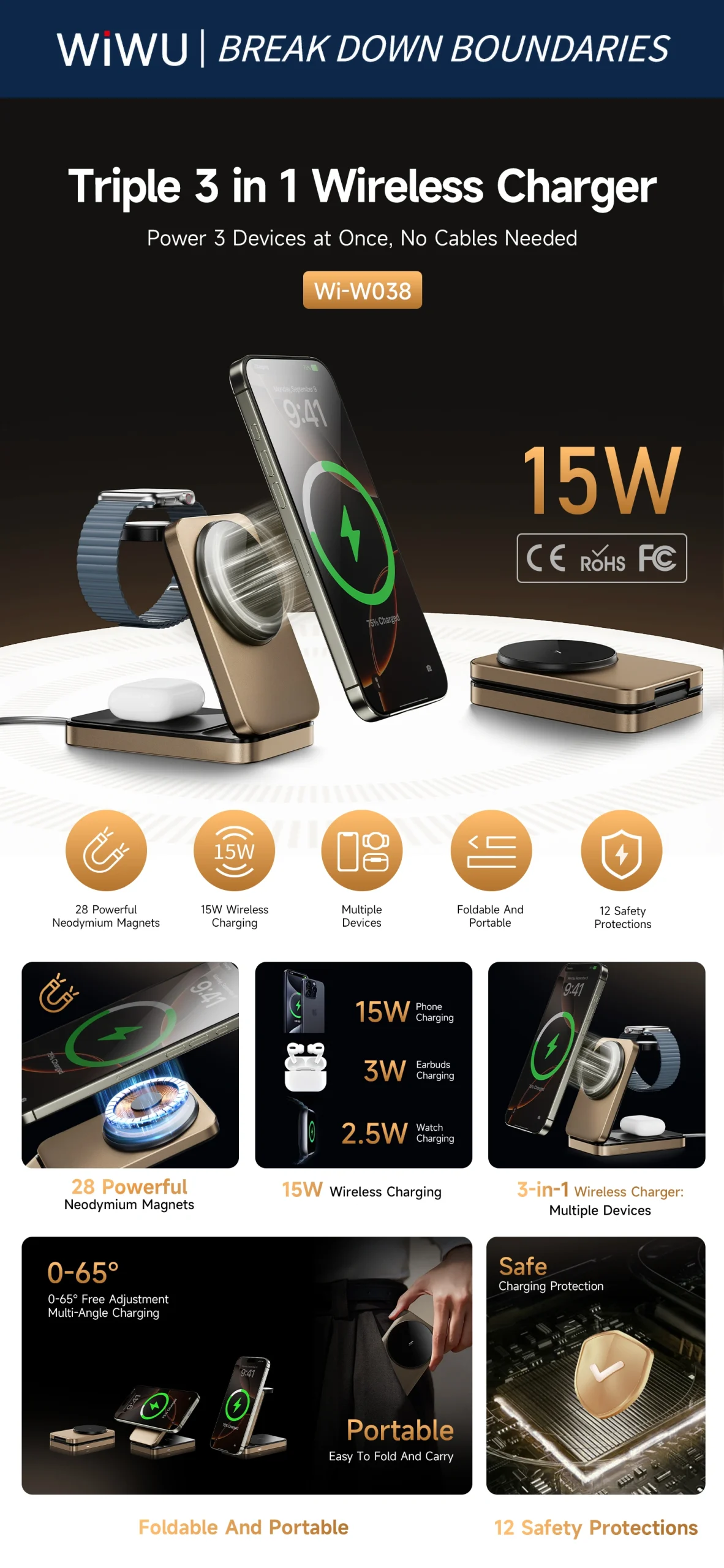WiWU 3in1 Triple Magnetic Wireless Charger Gold 15W (W038) APPLE WATCH WIWU WiWU 3in1 Triple Magnetic Wireless Charger Gold 15W (W038) - Image 8