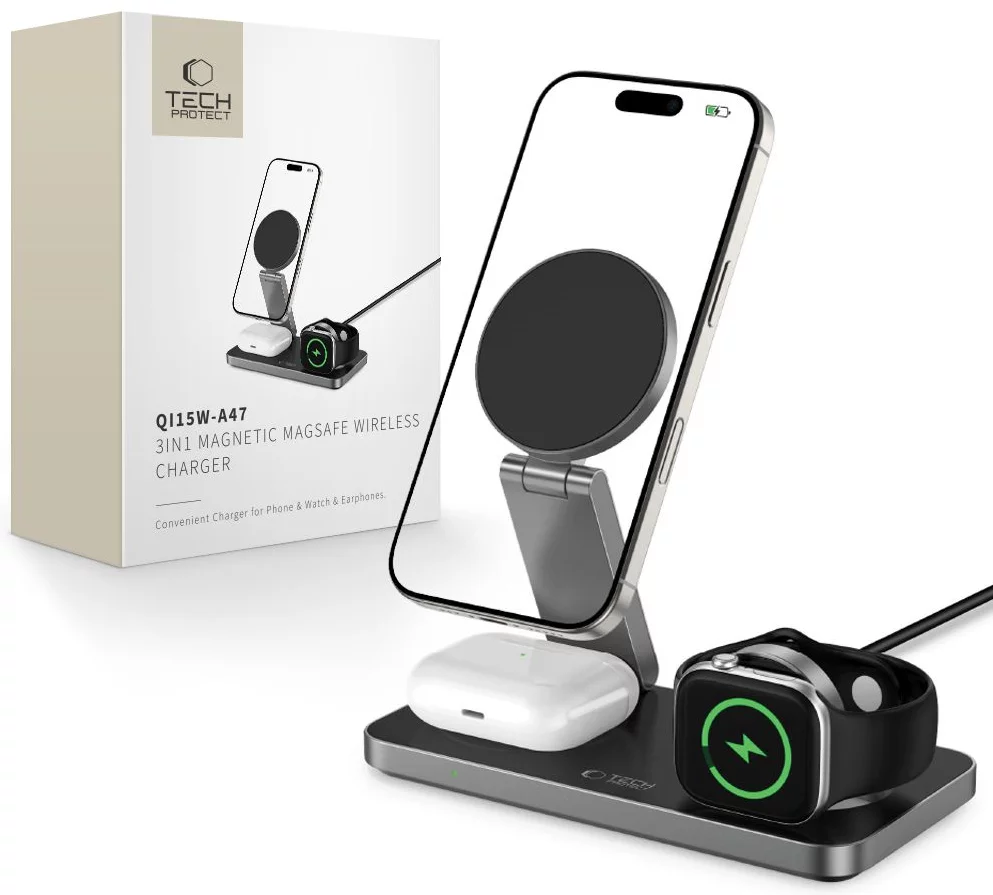 Tech-Protect 3in1 Magnetic Magsafe Wireless Charger 15W Black (W-A47) APPLE WATCH Tech-Protect Tech-Protect 3in1 Magnetic Magsafe Wireless Charger 15W Black (W-A47)