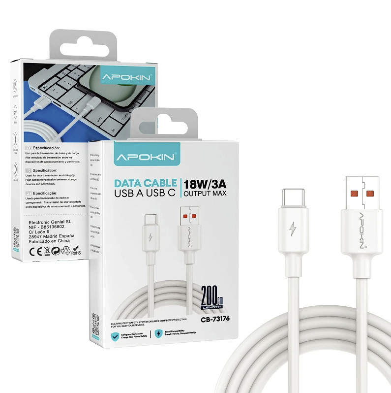 Apokin USB to USB-C Cable 2M 18W White (CB-73176) ANDROID Apokin Apokin USB to USB-C Cable 2M 18W White (CB-73176)