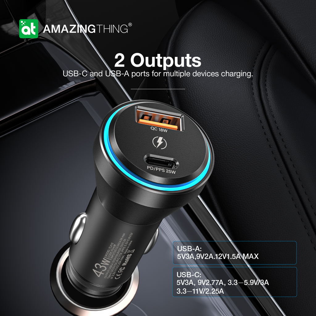 AmazingThing FlexiPower Pro Car Charger 1x USB QC 1x USB-C 43W Black (W961) ΑΞΕΣΟΥΑΡ AmazingThing AmazingThing FlexiPower Pro Car Charger 1x USB QC 1x USB-C 43W Black (W961) - Image 3