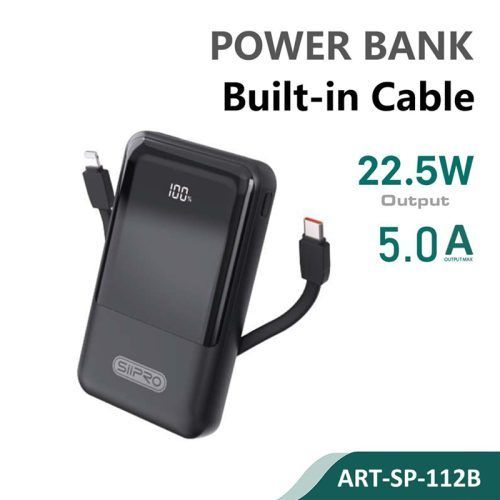 Siipro Built-in Cable PowerBank 10000mAh 22.5W Black (SP-112B)