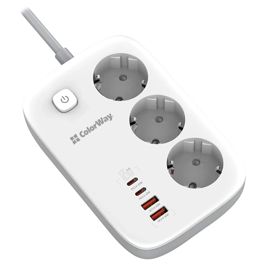 ColorWay Fast Charge 65W MultiSocket 220V 13A GaN3 Pro 2m White GADGETS ColorWay ColorWay Fast Charge 65W MultiSocket 220V 13A GaN3 Pro 2m White