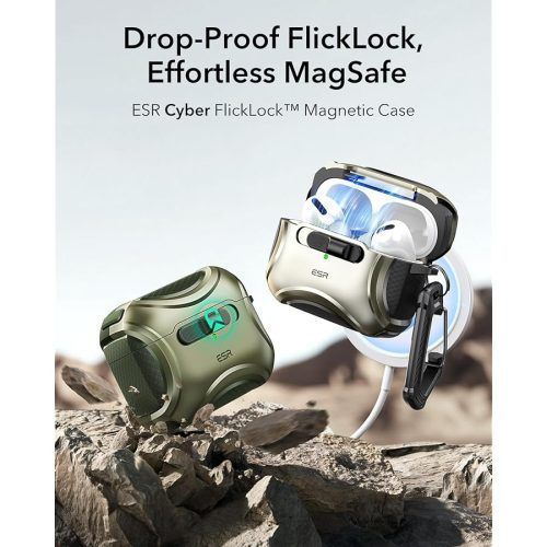Alternative view of Θήκη ESR AirPods Pro 1/2 Cyber FlickLock Armor Army Green (Magsafe Compatible)