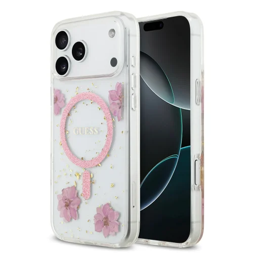 Θήκη Guess Resin Flowers Glitter Magsafe Clear Pink iPhone 17 Pro