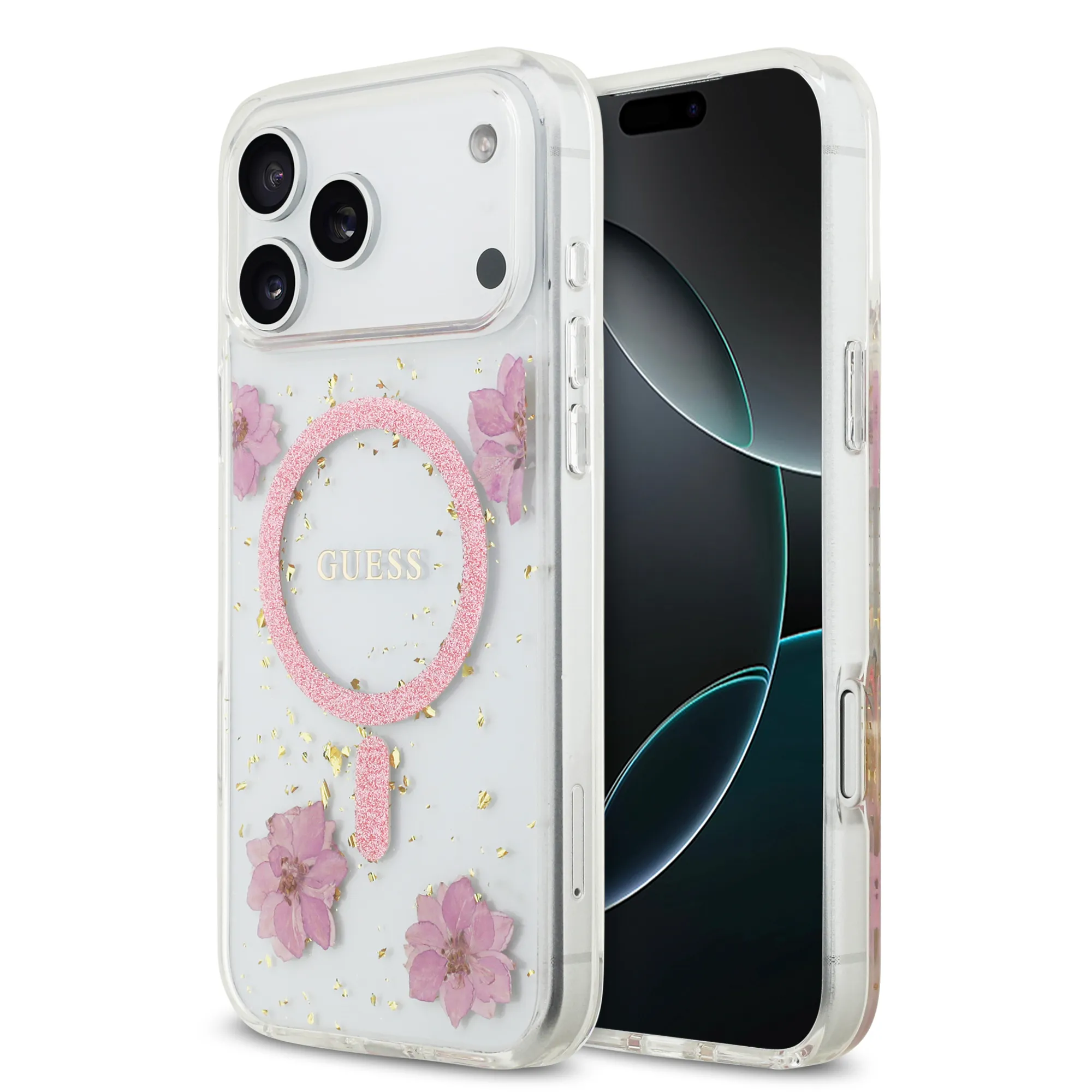 Θήκη Guess Resin Flowers Glitter Magsafe Clear Pink iPhone 17 Pro Max ΘΗΚΕΣ Guess Θήκη Guess Resin Flowers Glitter Magsafe Clear Pink iPhone 17 Pro Max
