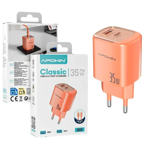 Apokin 35W PD USB-C, USB Fast Charger with Cable Orange (U028) ΑΞΕΣΟΥΑΡ Apokin Apokin 35W PD USB-C, USB Fast Charger with Cable Orange (U028)