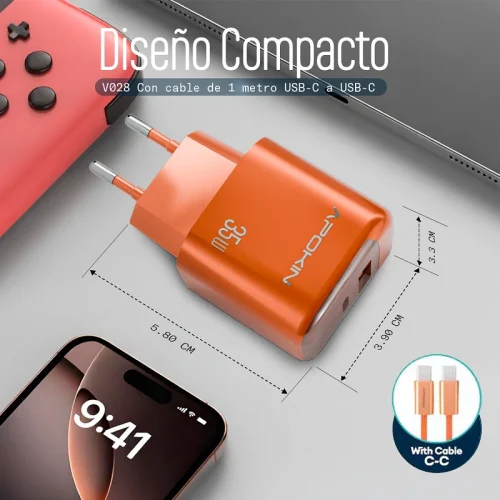 Alternative view of Apokin 35W PD USB-C, USB Fast Charger with Cable Orange (U028)