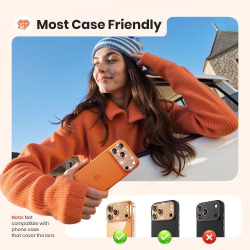 Alternative view of Orso Full Cover 9H Camera Protector Diamonds Orange iPhone 17 Pro Max