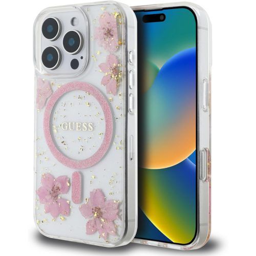 Θήκη Guess Resin Flowers Glitter Magsafe Clear Pink iPhone 16 Pro Max