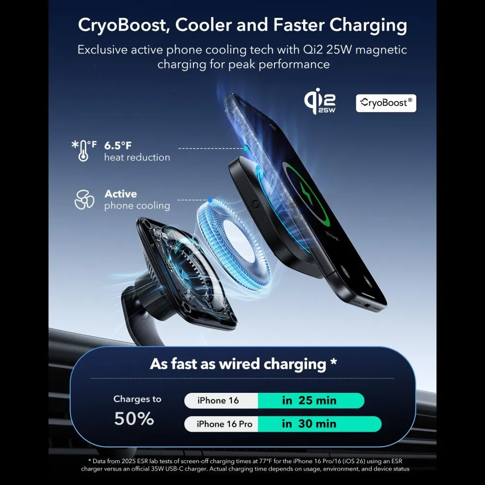 ESR OmniLock Qi2.2 Air Vent Car Charger Set 25W CryoBoost MagSafe Black ΑΞΕΣΟΥΑΡ MAGSAFE ESR ESR OmniLock Qi2.2 Air Vent Car Charger Set 25W CryoBoost MagSafe Black - Image 4