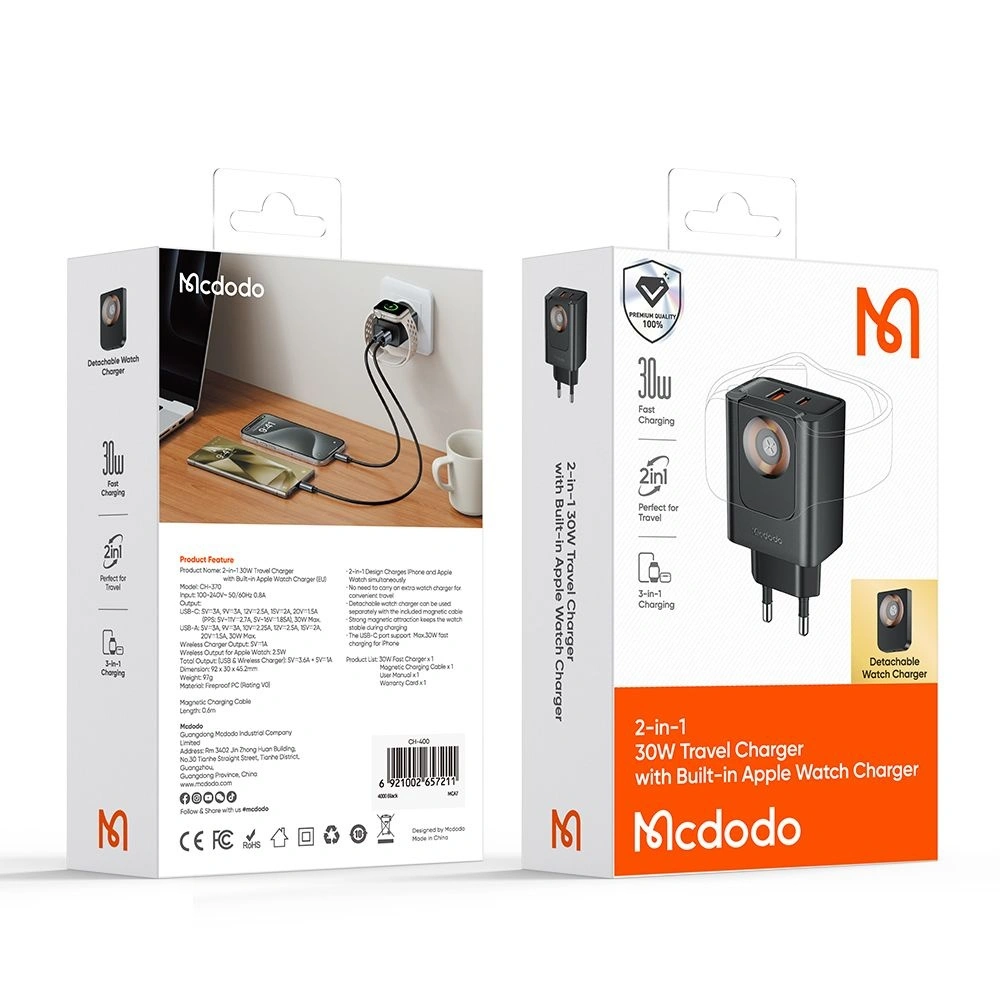 Mcdodo Wall Charger 30W Apple Watch/USB‑C/USB‑A Black (CH-3700) APPLE WATCH Mcdodo Mcdodo Wall Charger 30W Apple Watch/USB‑C/USB‑A Black (CH-3700) - Image 4