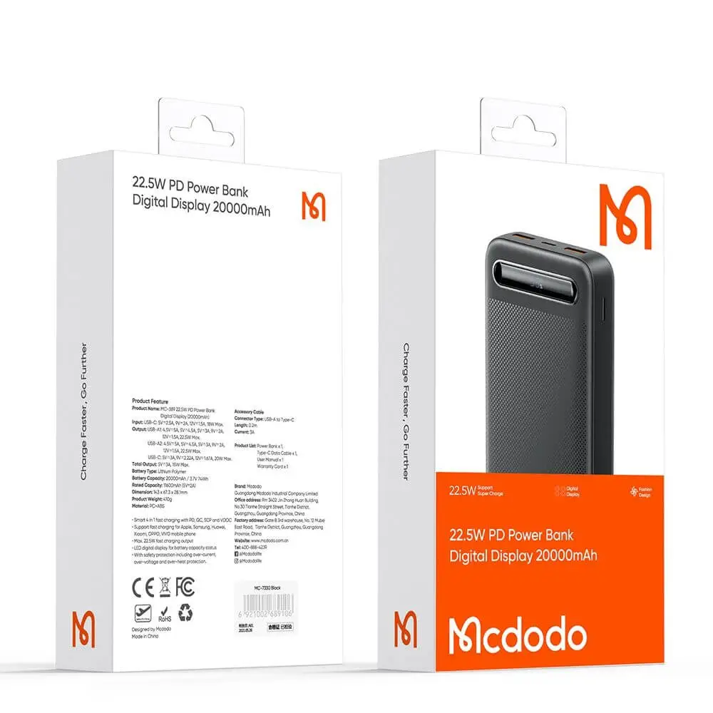 Mcdodo PowerBank USB-C + 2xUSB Digital Display 20000mAh 22.5W Black (MC-3891) POWER BANKS Mcdodo Mcdodo PowerBank USB-C + 2xUSB Digital Display 20000mAh 22.5W Black (MC-3891) - Image 5