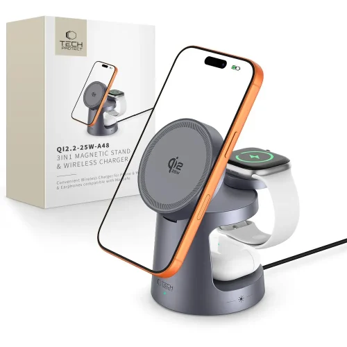 Tech-Protect 3in1 Qi2.2 Magnetic Magsafe Wireless Stand Charger 25W Dark Grey (A48) APPLE WATCH Tech-Protect Tech-Protect 3in1 Qi2.2 Magnetic Magsafe Wireless Stand Charger 25W Dark Grey (A48)