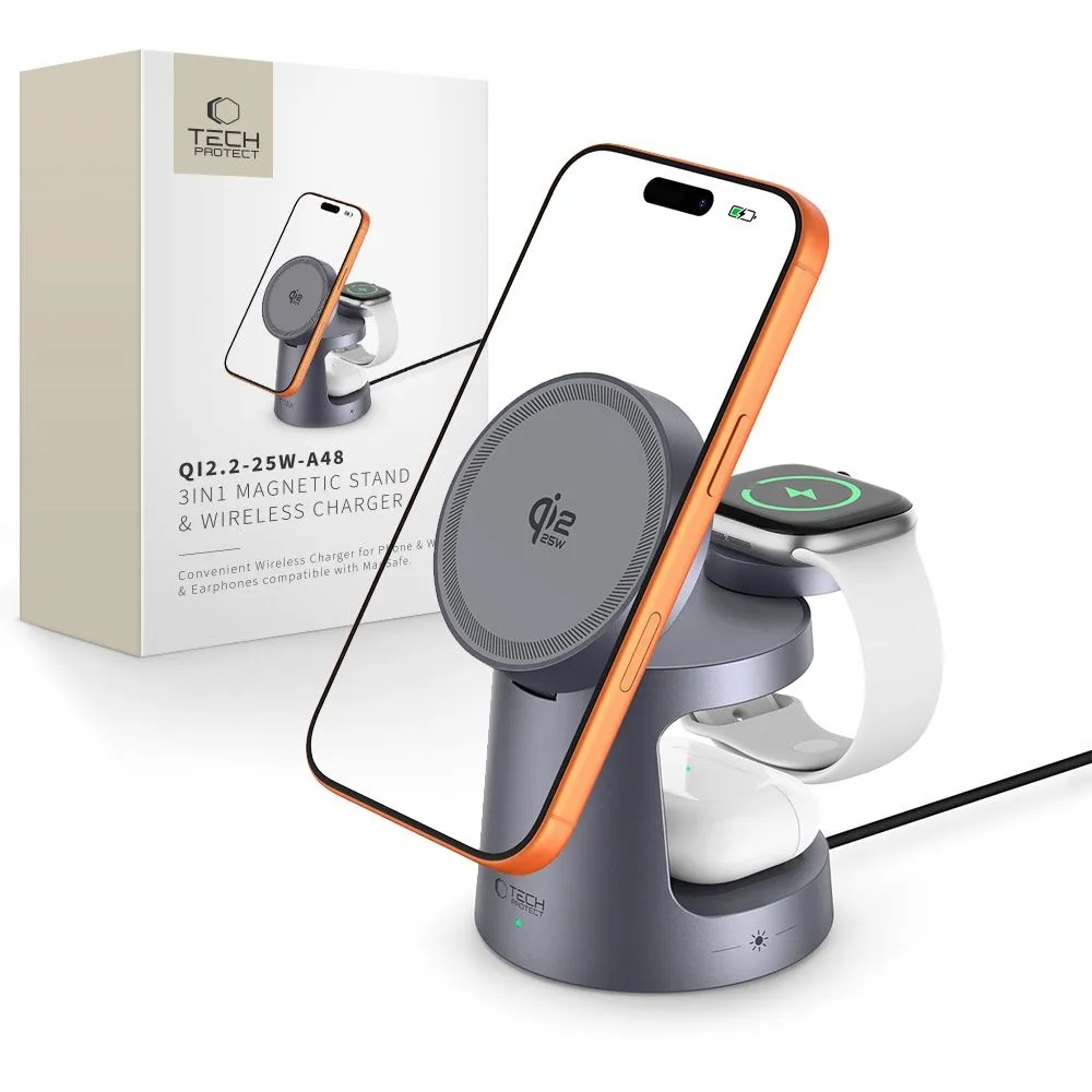 Tech-Protect 3in1 Qi2.2 Magnetic Magsafe Wireless Stand Charger 25W Dark Grey (A48) APPLE WATCH Tech-Protect Tech-Protect 3in1 Qi2.2 Magnetic Magsafe Wireless Stand Charger 25W Dark Grey (A48)