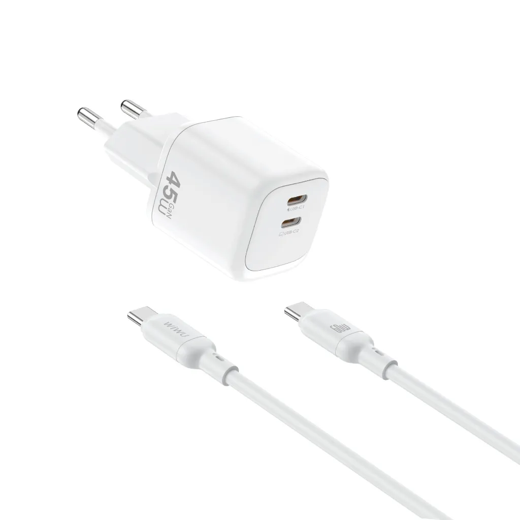 WiWU Cube 45W GaN 2x USB-C GaN Fast Charger with Cable White (G025) ANDROID WIWU WiWU Cube 45W GaN 2x USB-C GaN Fast Charger with Cable White (G025)
