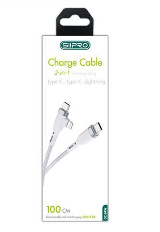 Siipro Καλώδιο 2in1 USB-C to USB-C + Lightning 1M 60W White ANDROID SIIPRO Siipro Καλώδιο 2in1 USB-C to USB-C + Lightning 1M 60W White - Image 2