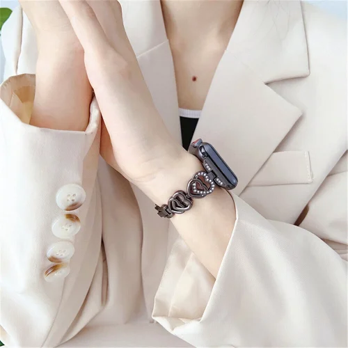 Alternative view of Orso Elegant Double Hearts Bracelet Black Apple Watch 38/40/41/42mm Series 10/11