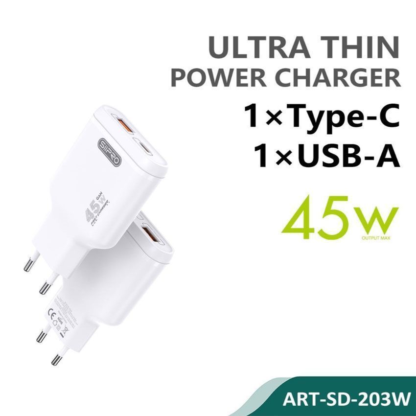Siipro Wall Charger 1x USB 1x USB Type-C 45W White (SD-203W) ΑΞΕΣΟΥΑΡ SIIPRO Siipro Wall Charger 1x USB 1x USB Type-C 45W White (SD-203W)