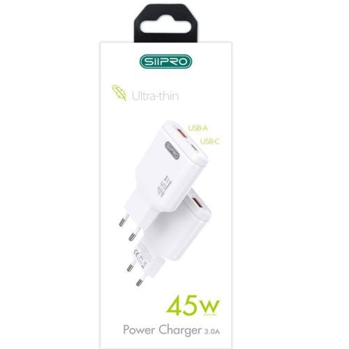 Alternative view of Siipro Wall Charger 1x USB 1x USB Type-C 45W White (SD-203W)