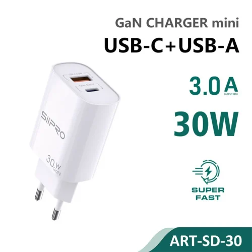 Siipro 30W 1x PD USB-C 1x QC3.0 USB GaN Fast Charger White (SD-30) ΑΞΕΣΟΥΑΡ SIIPRO Siipro 30W 1x PD USB-C 1x QC3.0 USB GaN Fast Charger White (SD-30)