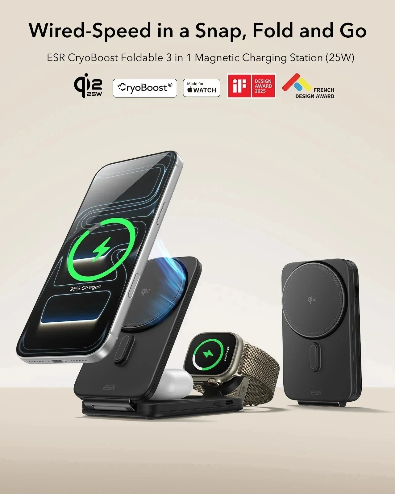 ESR Qi2.2 Foldable 3in1 MagSafe Wireless Charging Set 25W Black APPLE WATCH ESR ESR Qi2.2 Foldable 3in1 MagSafe Wireless Charging Set 25W Black - Image 7