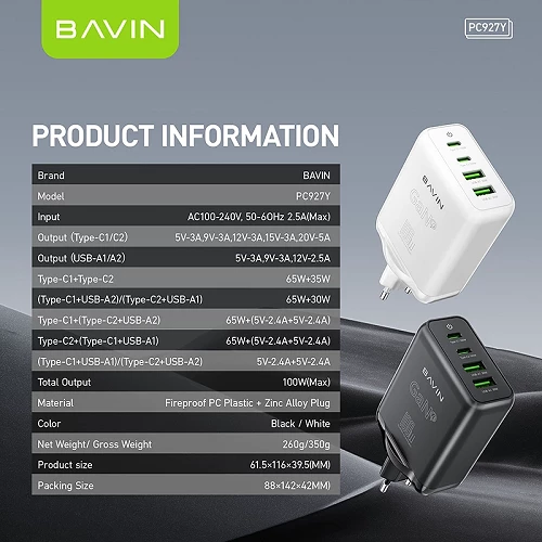 Alternative view of Bavin Super Quick Charger 2xUSB-C 2xUSB 100W GaN White (PC927)