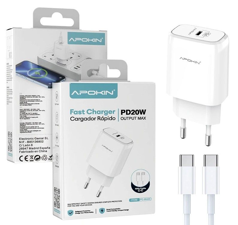 Apokin 20W PD USB-C 3A Fast Charger with Cable White (PC-60480) ANDROID Apokin Apokin 20W PD USB-C 3A Fast Charger with Cable White (PC-60480)